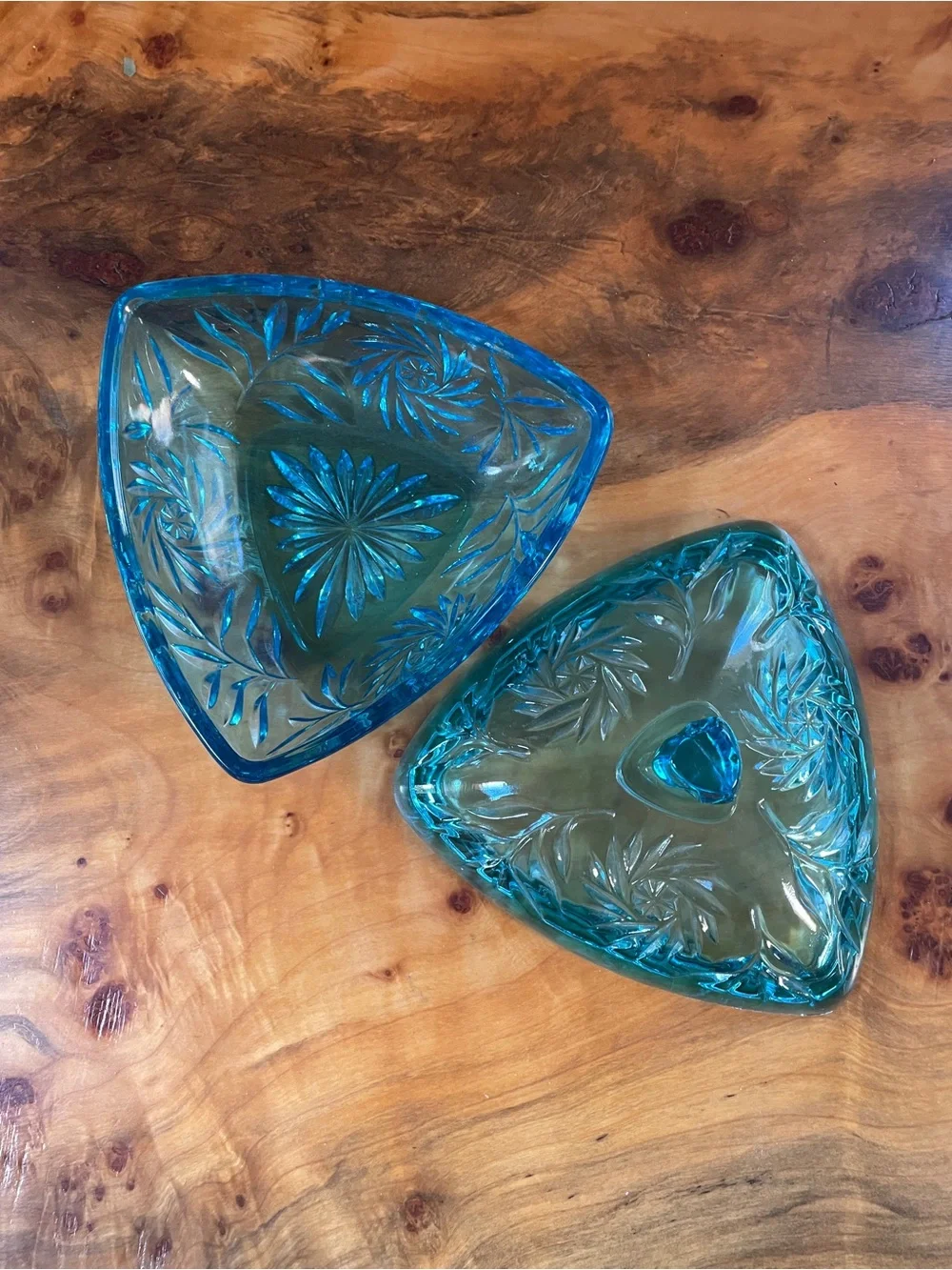 MCM Vintage HAZEL ATLAS Capri Blue Glass Pinwheel Triangle Lidded Candy Dish